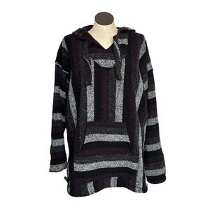 Artesanias Mens Boho Hoodie Pullover Striped Purple Black Acrylic Size XXL